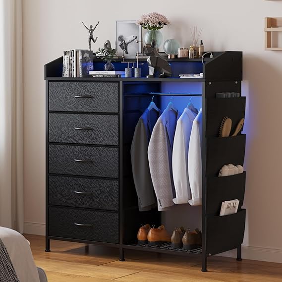 Modern 5 Dresser with LED Hanging Rack, Dresser with Clothes Rack
