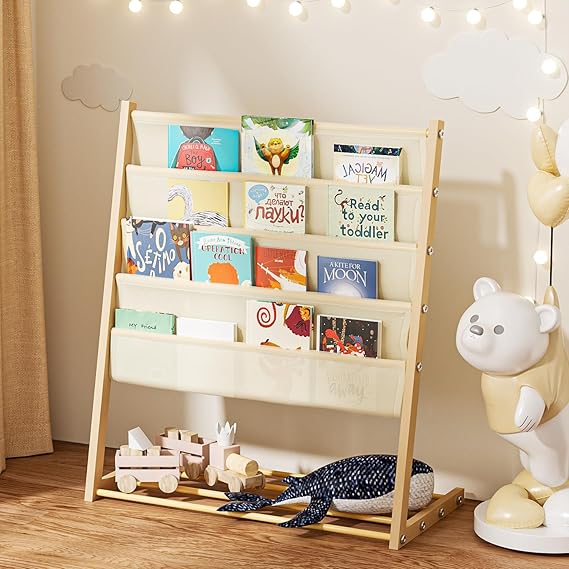 Bookshelf for Toddlers, 4-Tier Metal Kids Bookshelves Rack with Toy