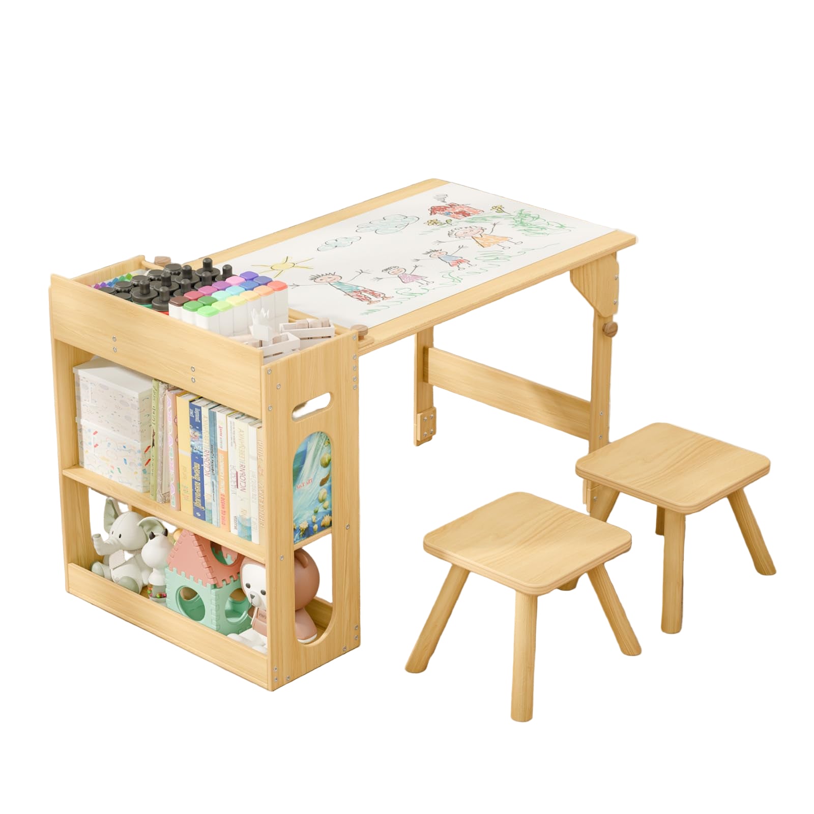 Kids Art Table and 2 Chairs Set, Kids Craft Table with Roll Paper & Storage