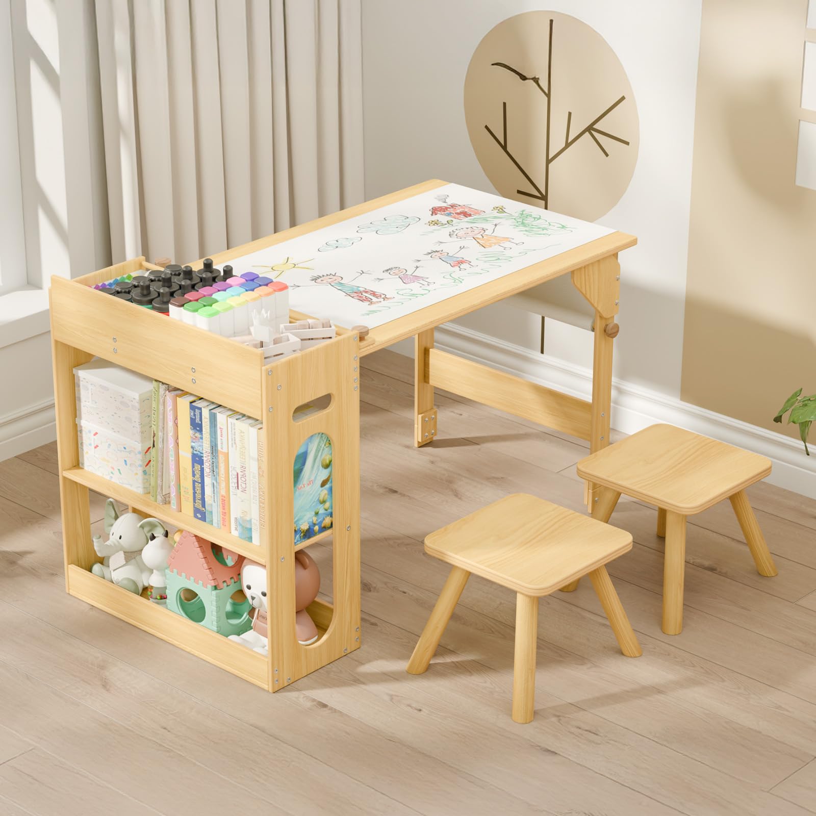 Kids Art Table and 2 Chairs Set with Storage