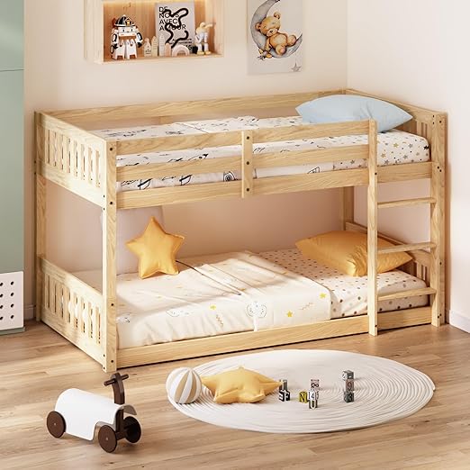Solid Wood Low Twin Over Twin Bunk Bed for Kids/Junior