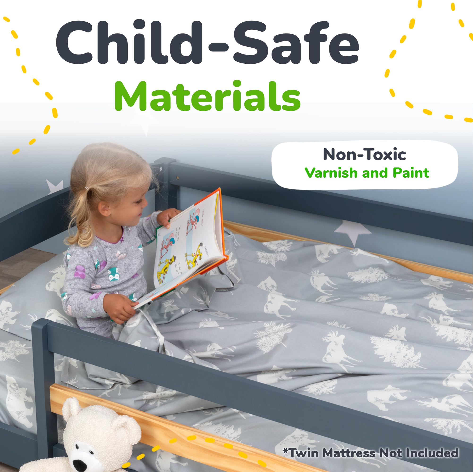 Twin Floor Bed with Safety Guardrails for Kids