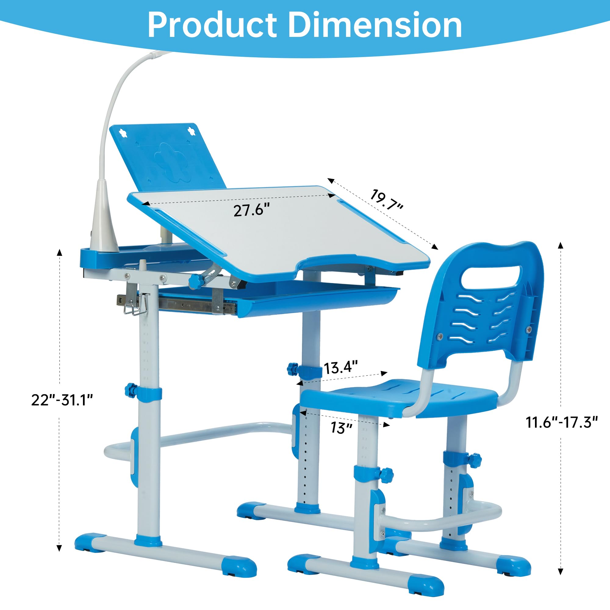 Kids Desk and Chair Set with Tiltable Desktop and LED Light