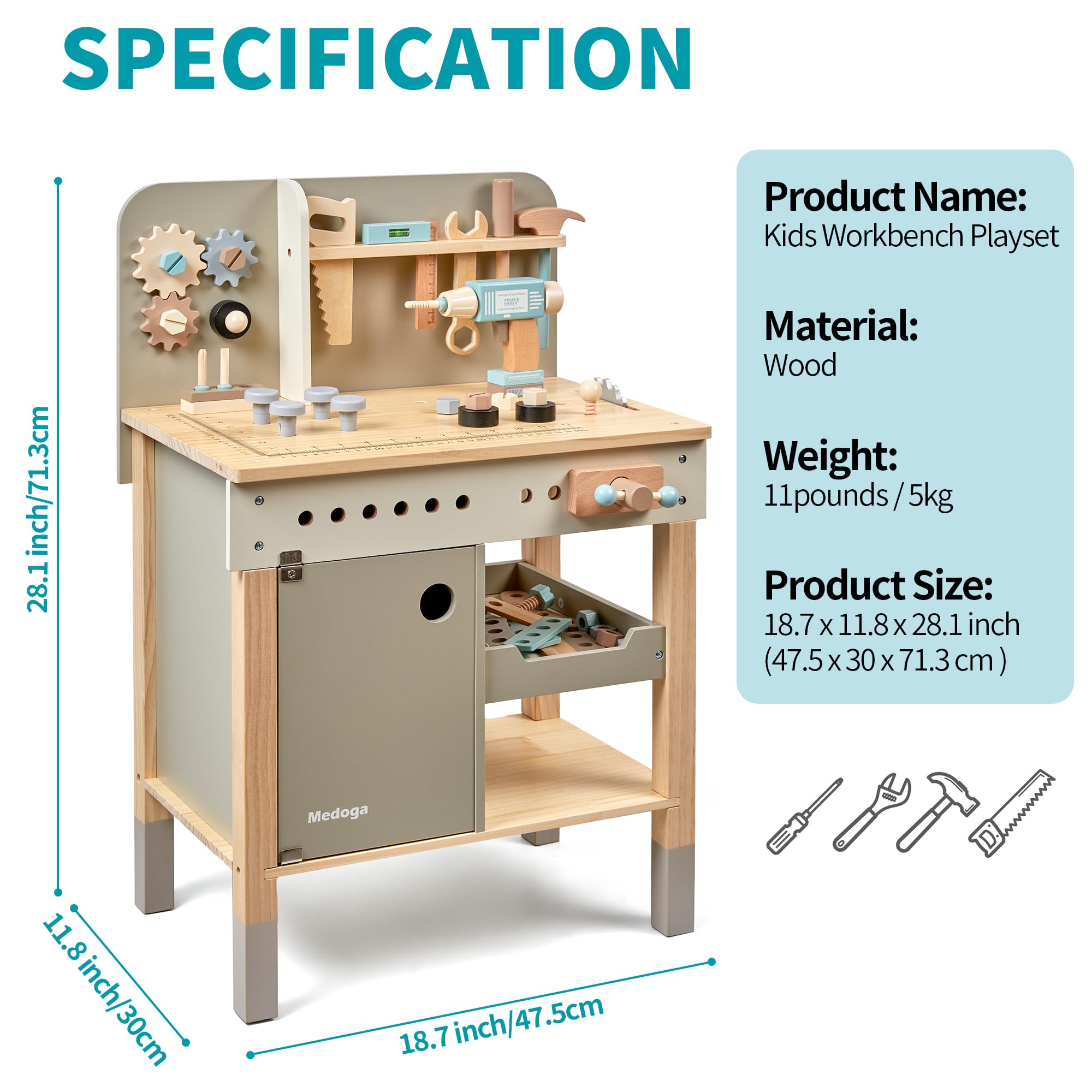 Wooden Kids Tool Bench with Construction Play Set