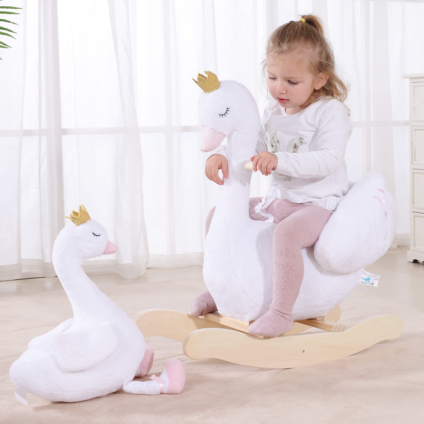 Kids Rocking Horse White Swan with Little Plush Doll Toys