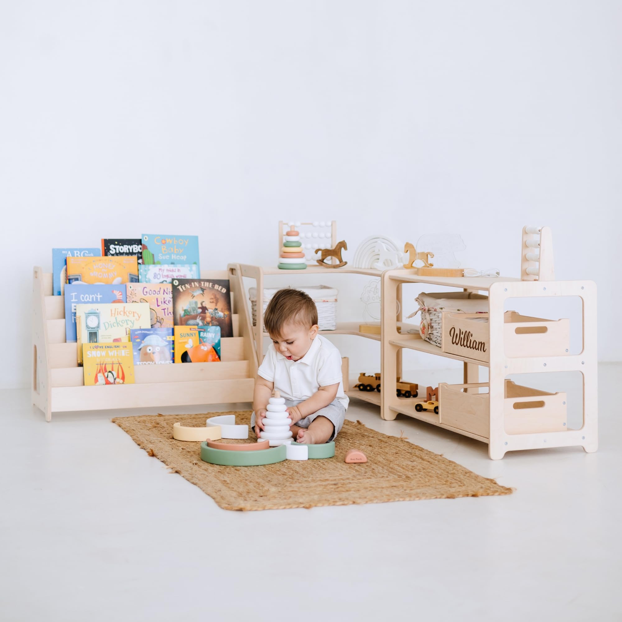 Wooden Kids Shelves Set - Montessori Bookshelf and Toy Storage