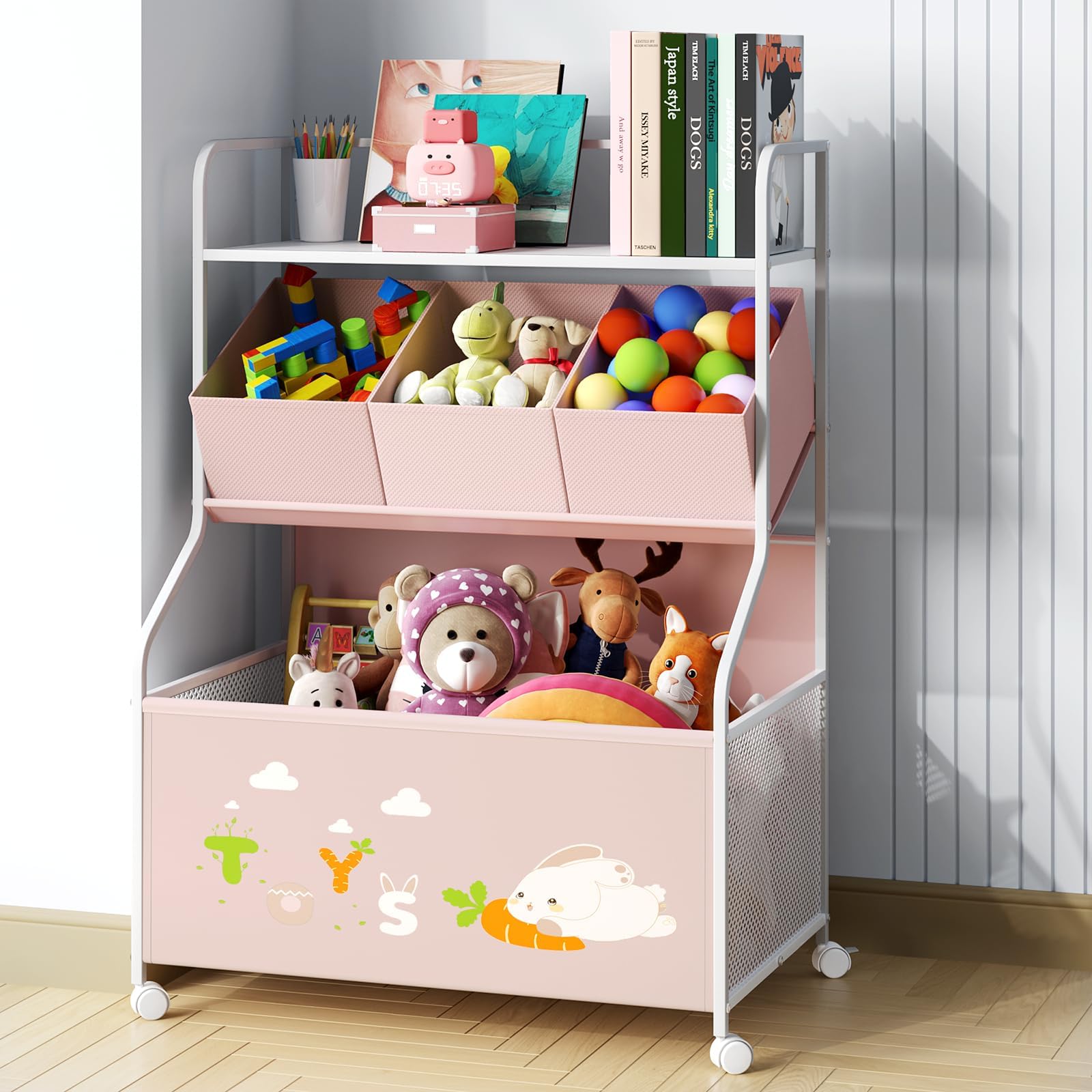 3-Tier Toy Storage Organizer with Wheels and Bookshelf