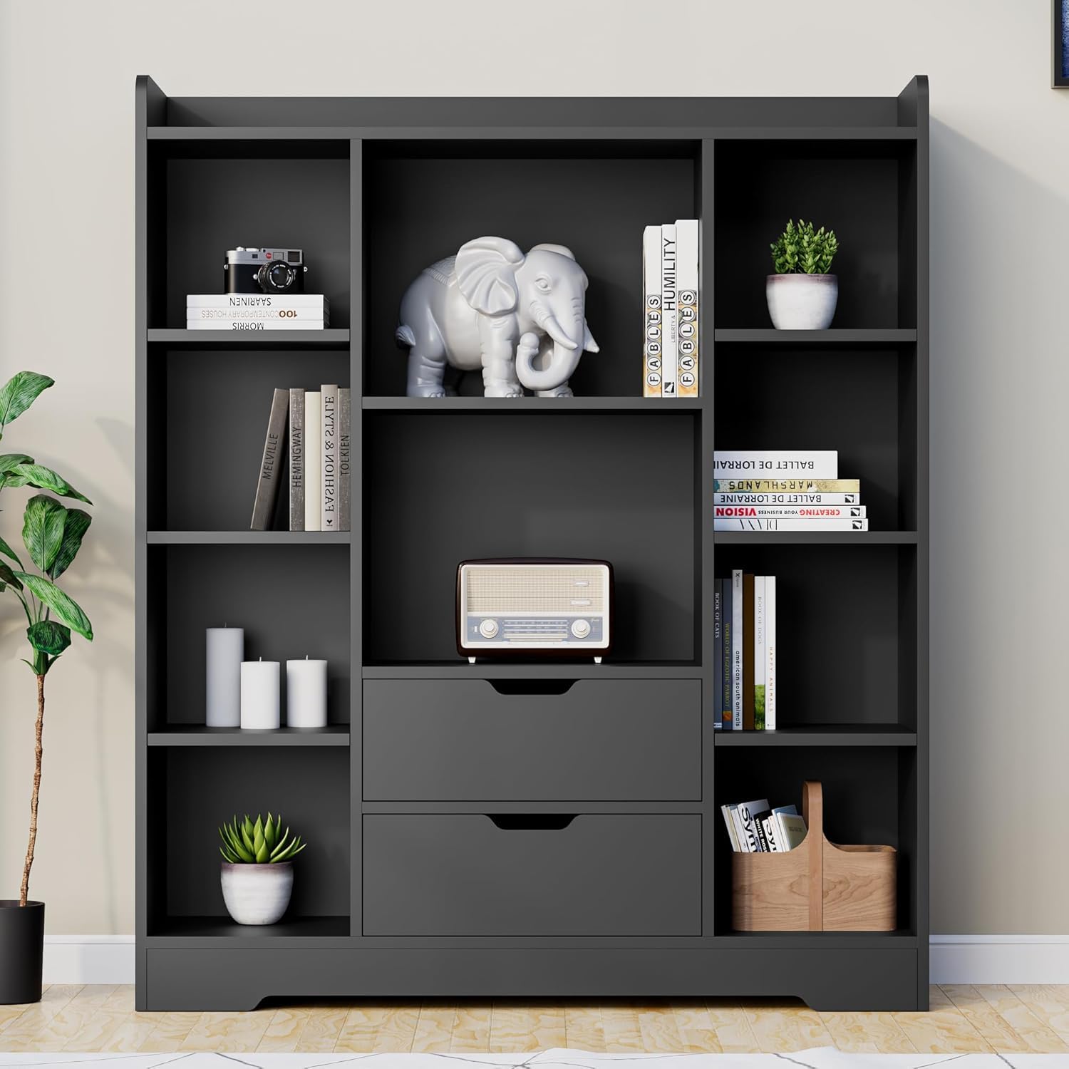 Kids Bookshelf Storage Organizer with 10 Cubes and 2 Drawers