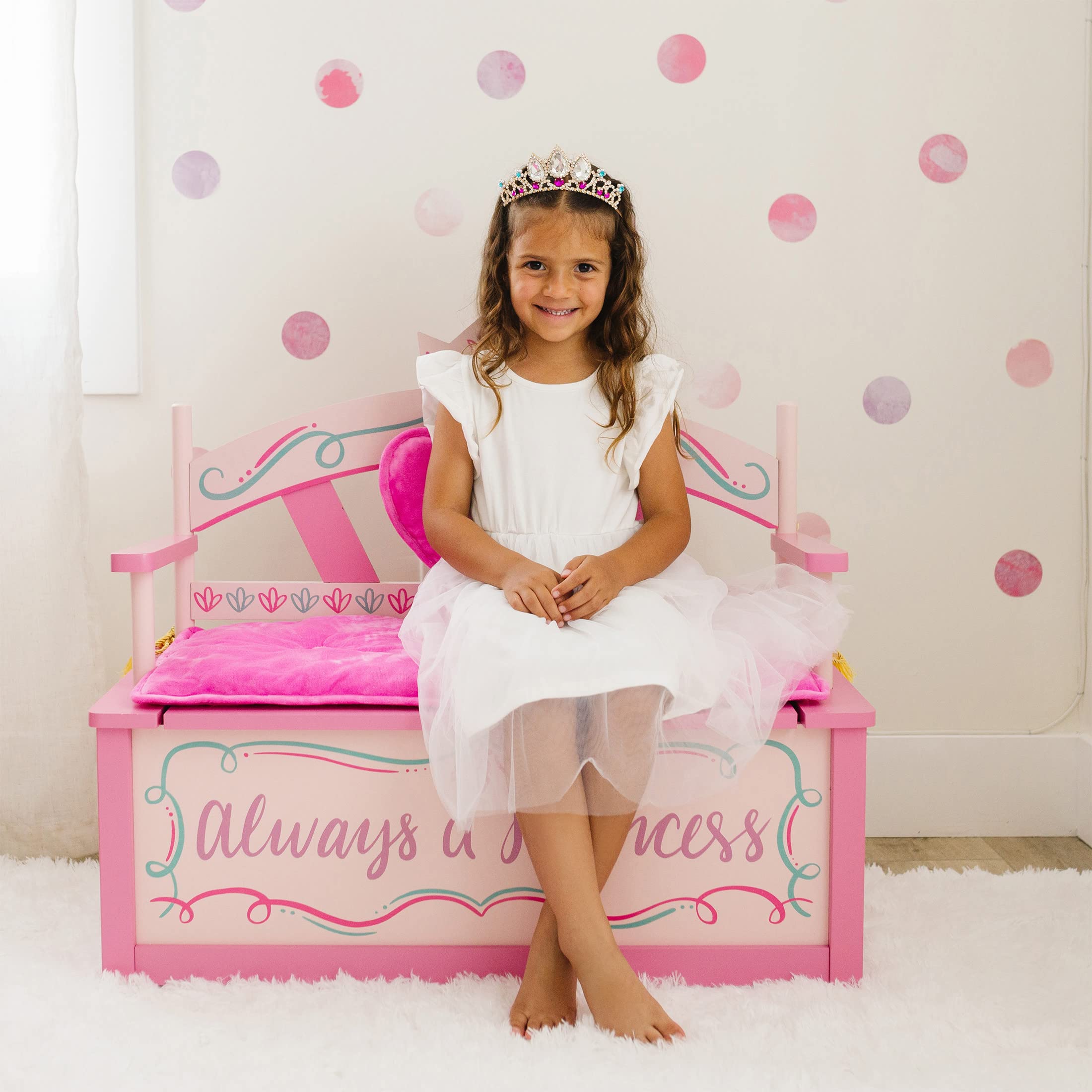 Princess Wooden Storage Bench with Padded Cushion and Safety Hinge
