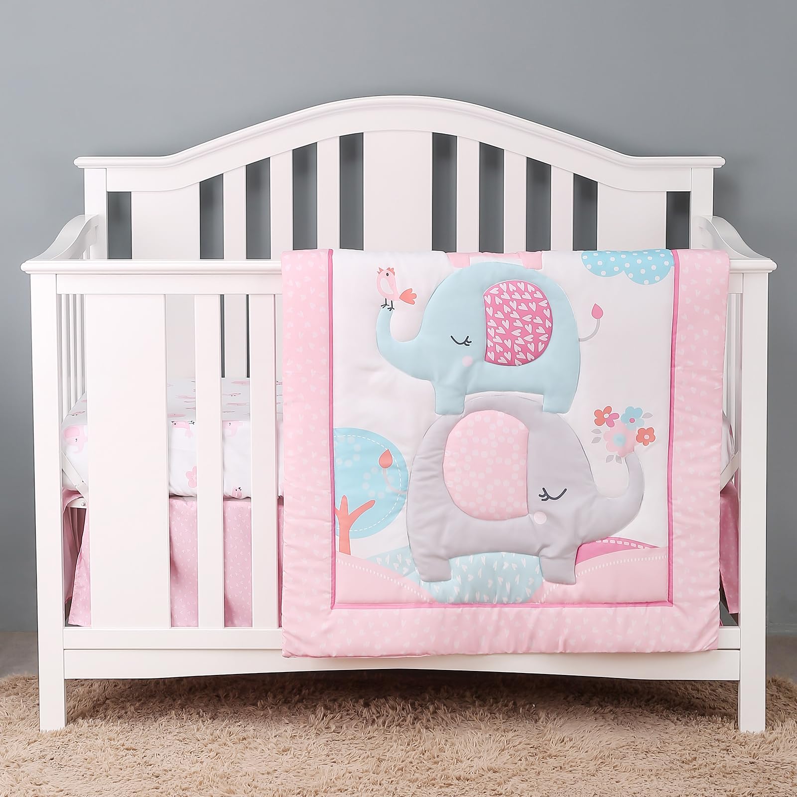 Pink Elephant Baby Crib Bedding Set 3 Piece for Girls