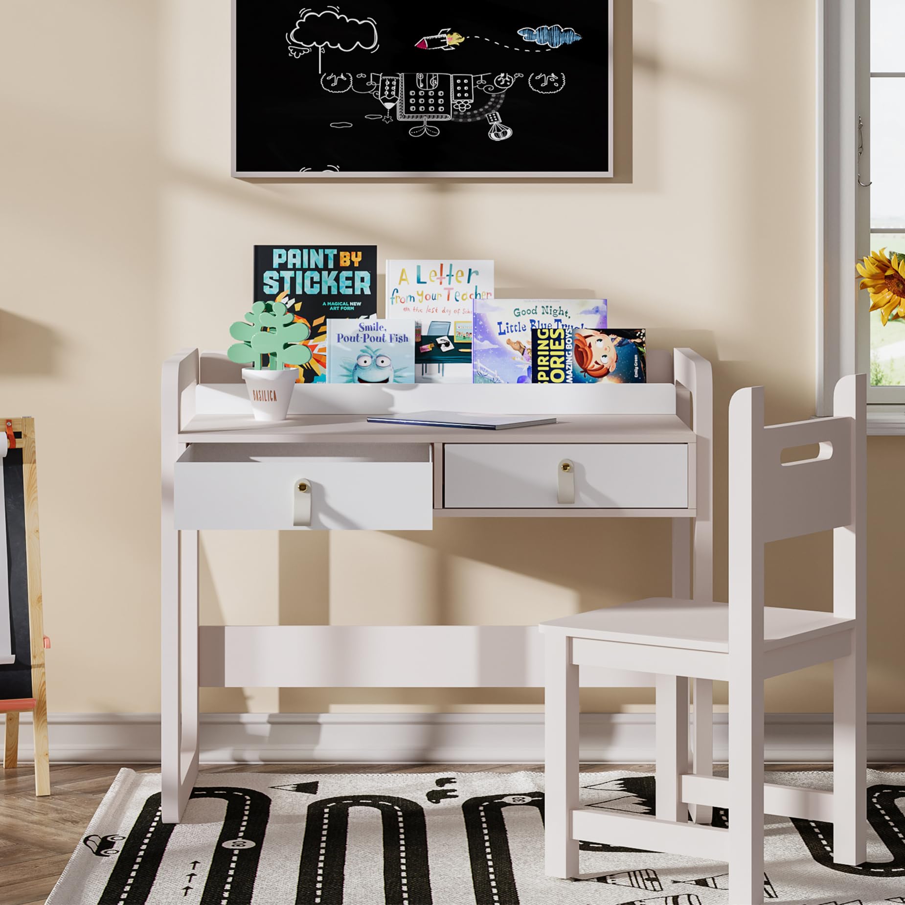 Kids Desk and Chair Set, Study Desk with Drawers, Wooden Children Table Set