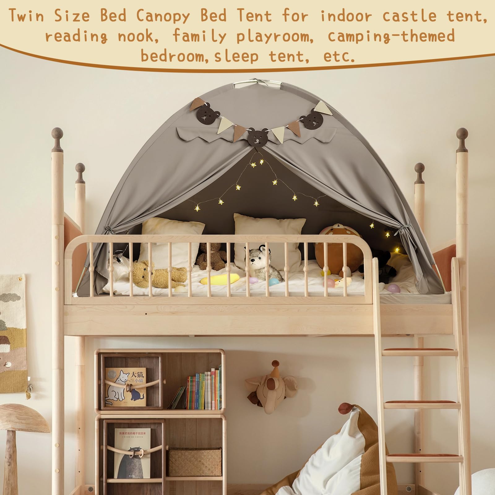 Twin Bed Tent, Bed Canopy Bunk Bed Tent with Stars Lights & Flags, Breathable Sleeping Tent, Privacy Space Dream Playhouse for Indoor Bedroom Floor, Portable Foldable Play Tent with Storage Bag, Grey