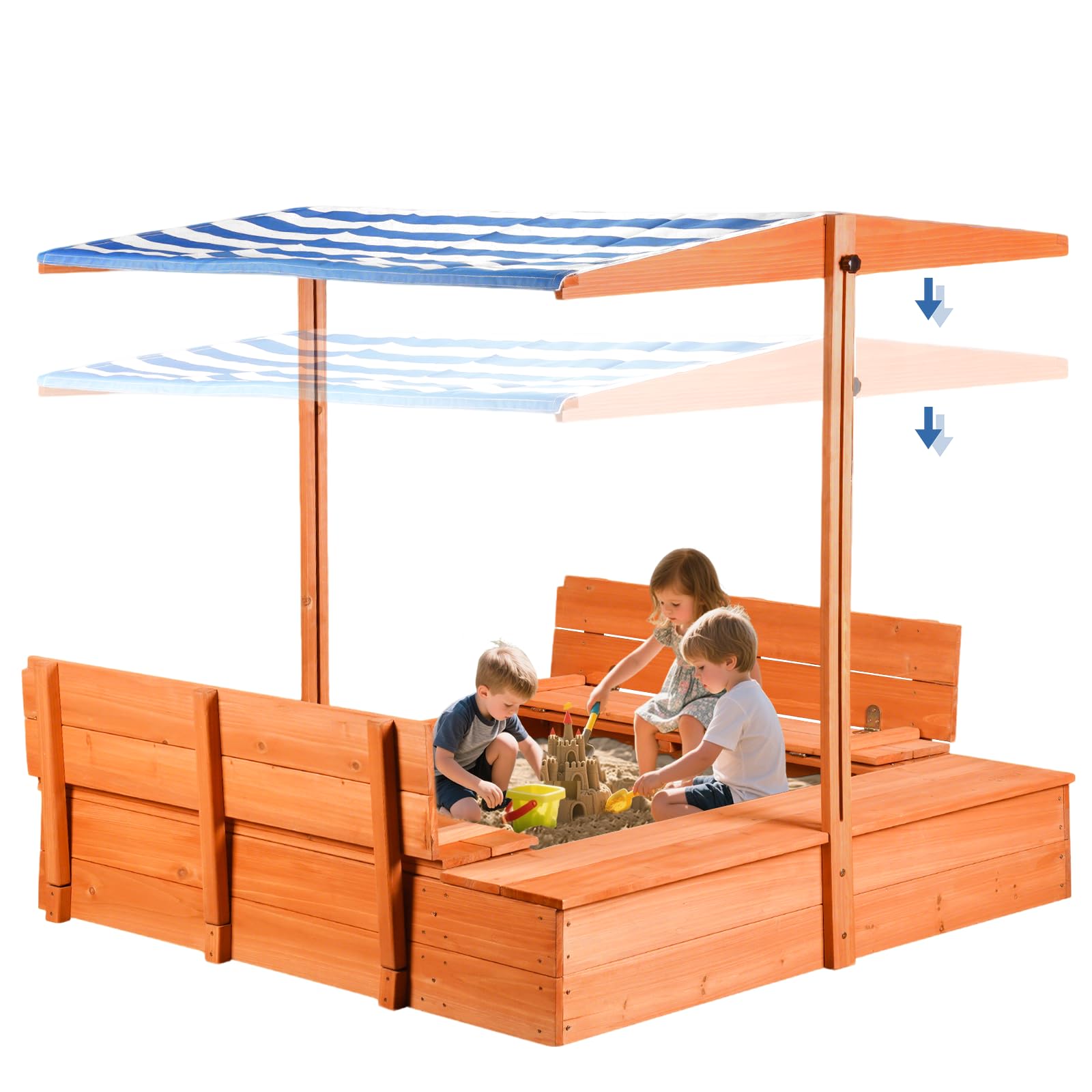 Wooden Outdoor Sandbox with Canopy and Storage Benches