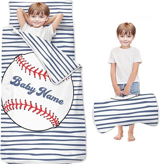Baseball Toddler Nap Mat for Boys – Custom Name Sleeping Bag with Pillow