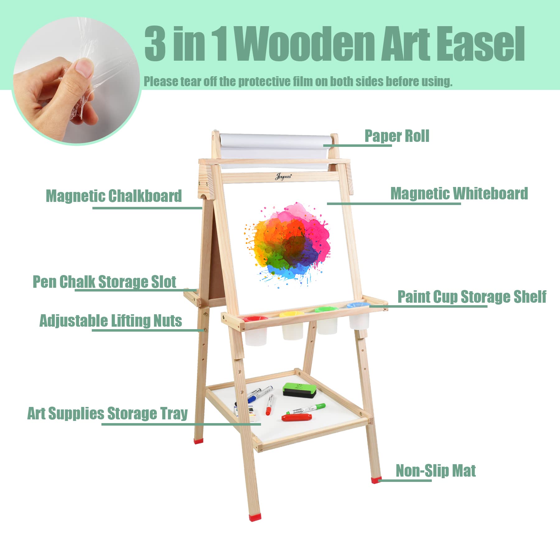Joyooss Art Easel for Kids with Double-Sided Magnetic, Wooden Standing Kids Easel with Dry Erase Whiteboard & Chalkboard, Height Adjustable Children Easel with Paper Roll, Bonus Toddler Art Supplies