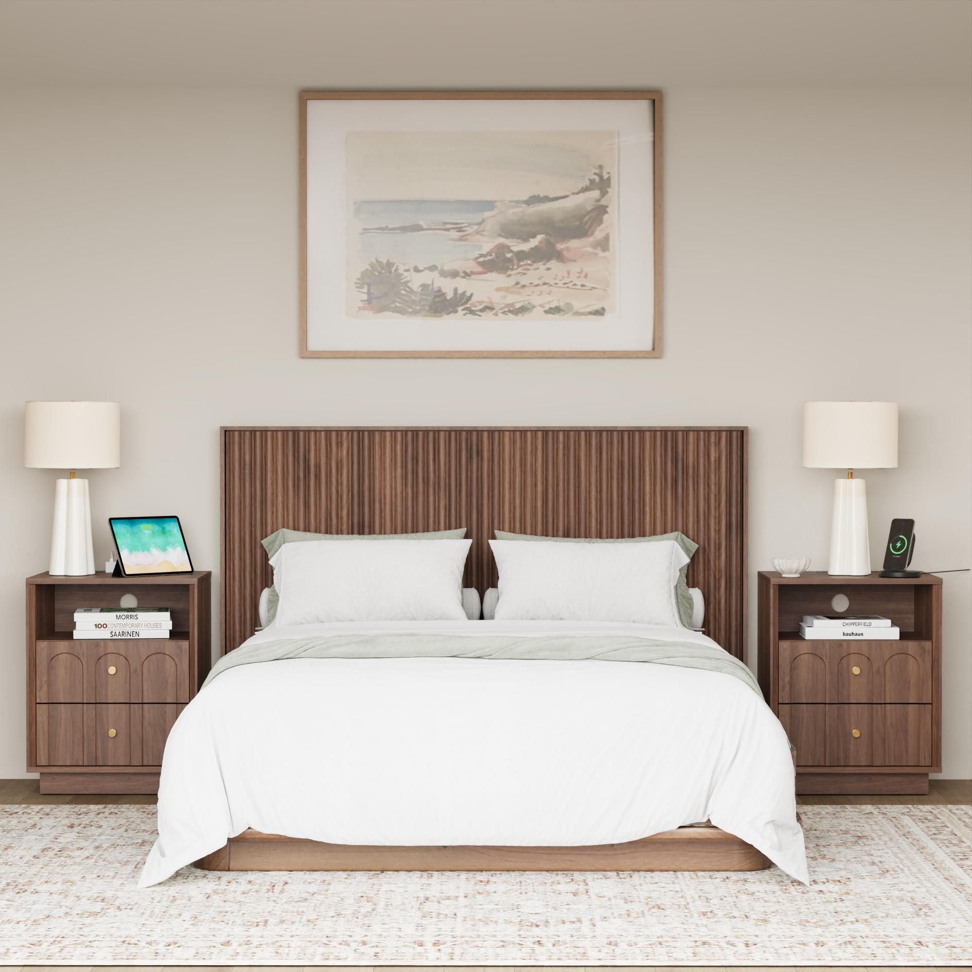 Nightstand with Charging Station, Mid Century Modern Nightstand with Arched Design, Minimalist End Table with Wood Grain Texture, Bedside Table for Bedroom Living Room Sofa Office, Walnut