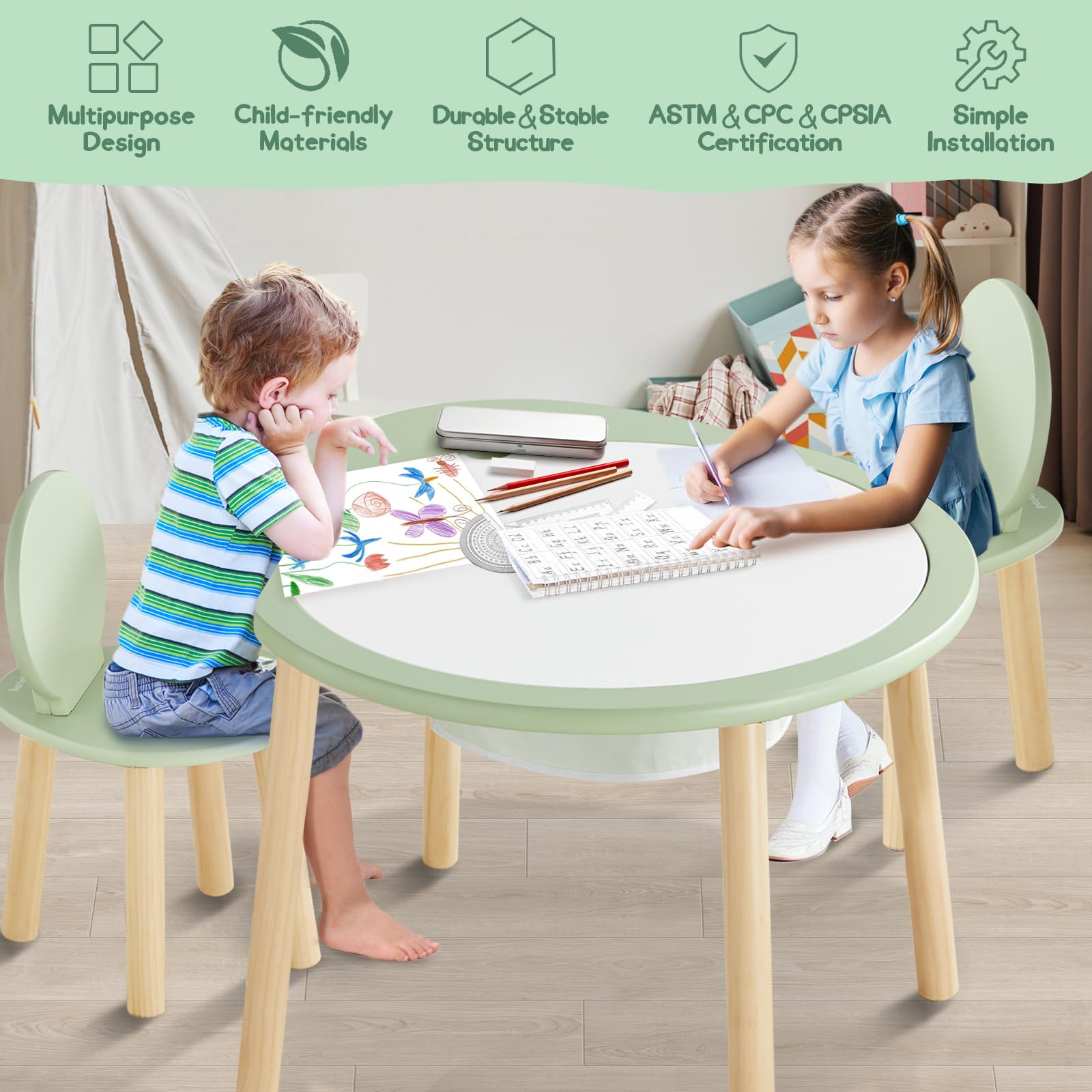 Kids Wooden Table and Chairs Set with Storage