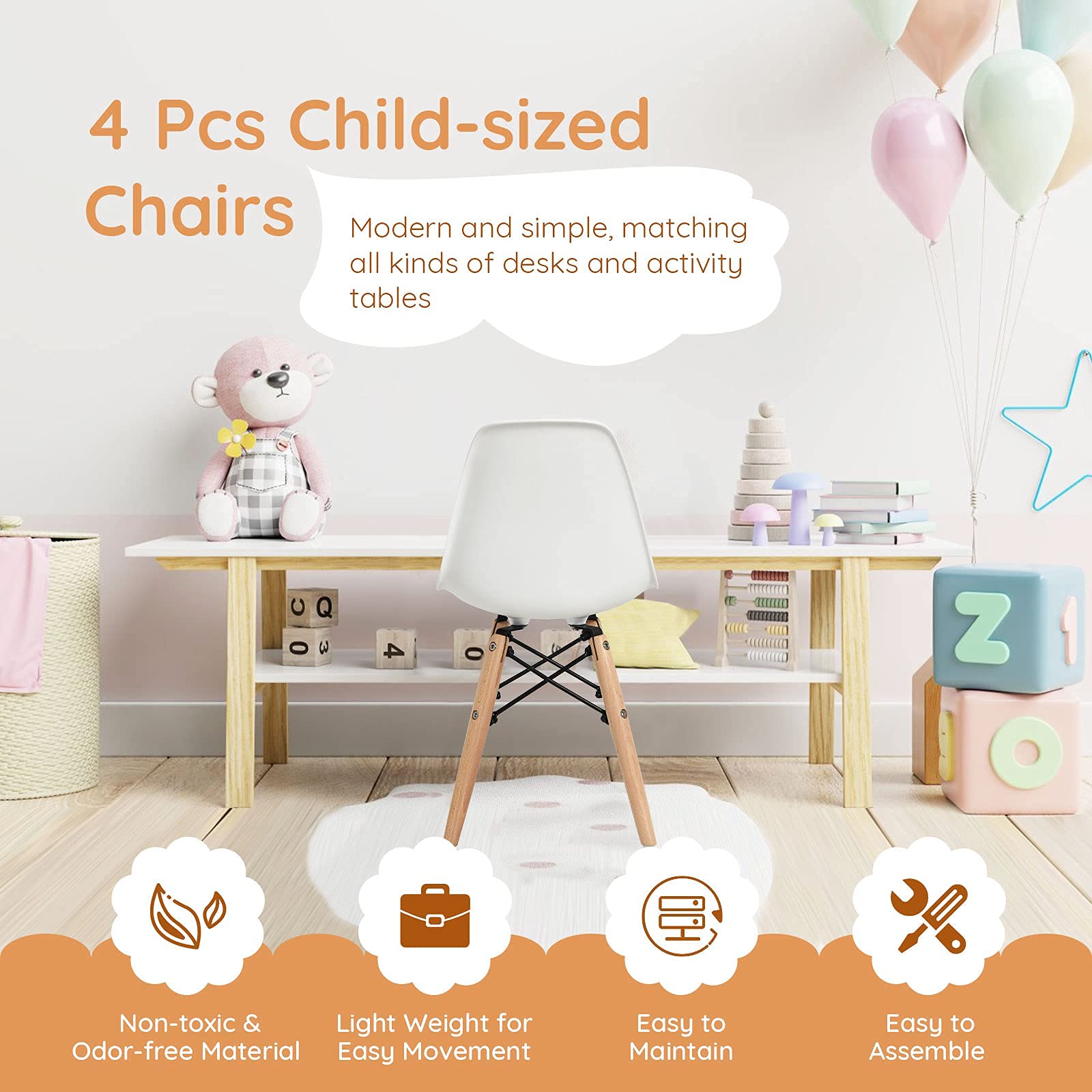 Kids Mid-Century Modern Desk Chair Set - 4 Pack White Toddler Chairs