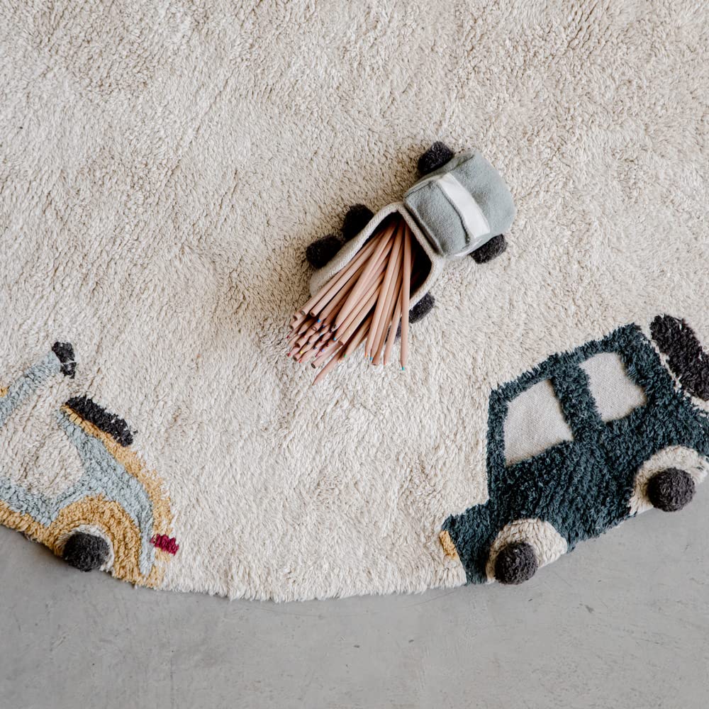 Washable Area Rugs for Kids Eco City - Wheels, Handmade in Natural, Ø 4' 7"