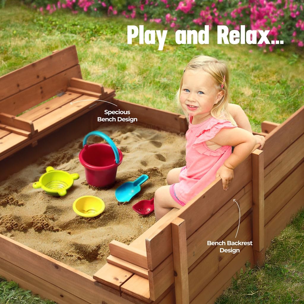 Cedar Wood Sandbox with Convertible Lid and Benches