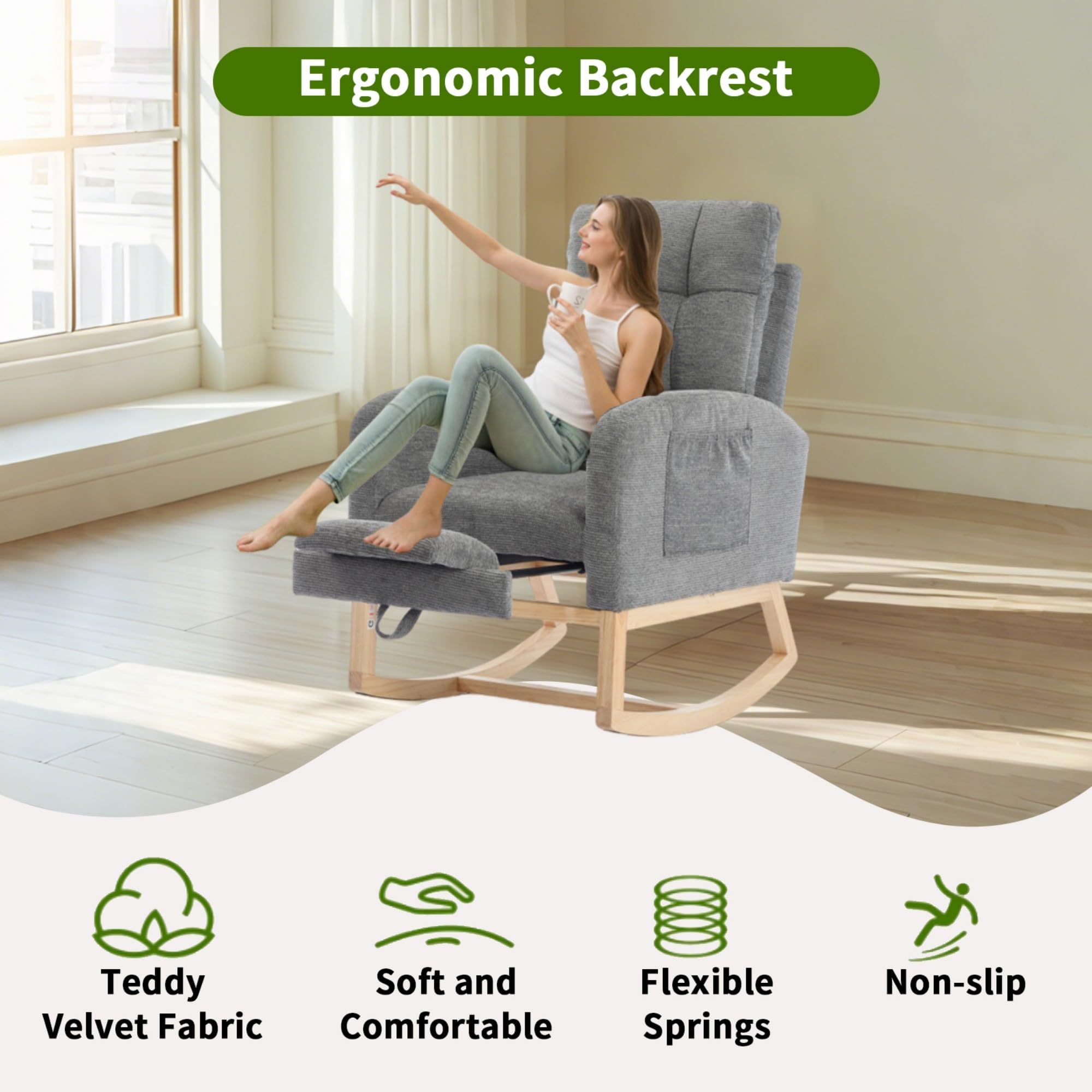 Nursery Rocking Chair with Adjustable Footrest and Side Pockets