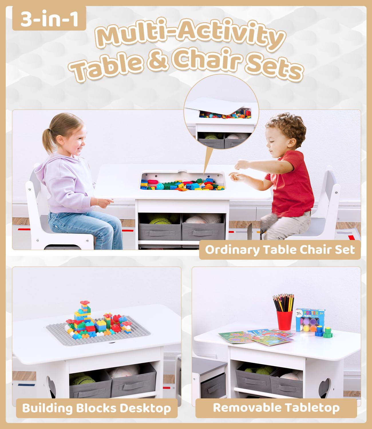 Kids Table and Chair Set with Storage Bins