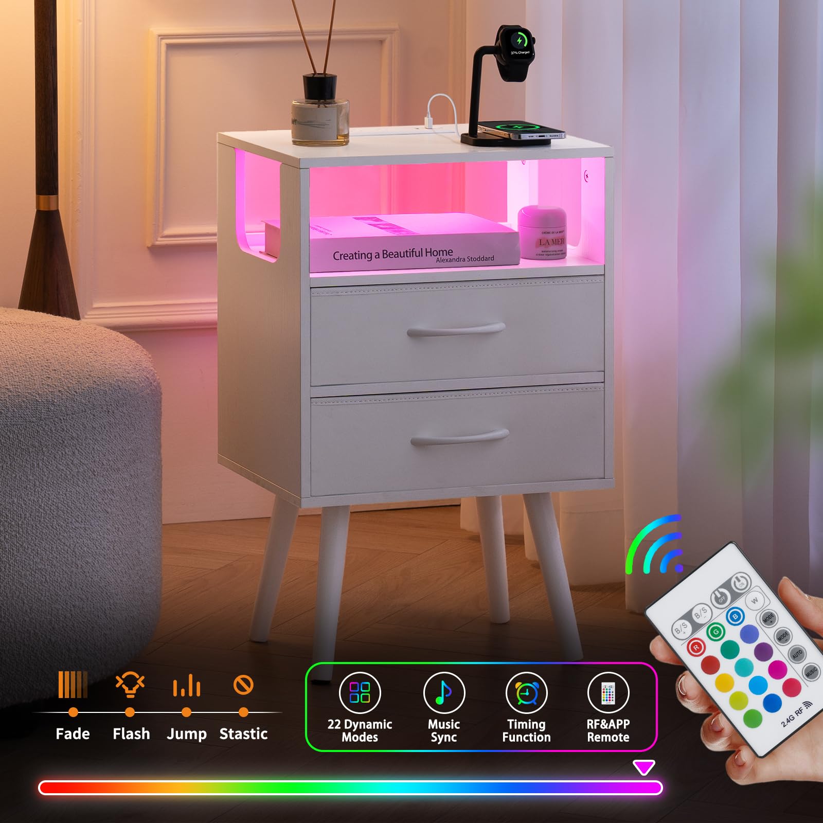 LED Nightstand with Charging Station and Fabric Drawers
