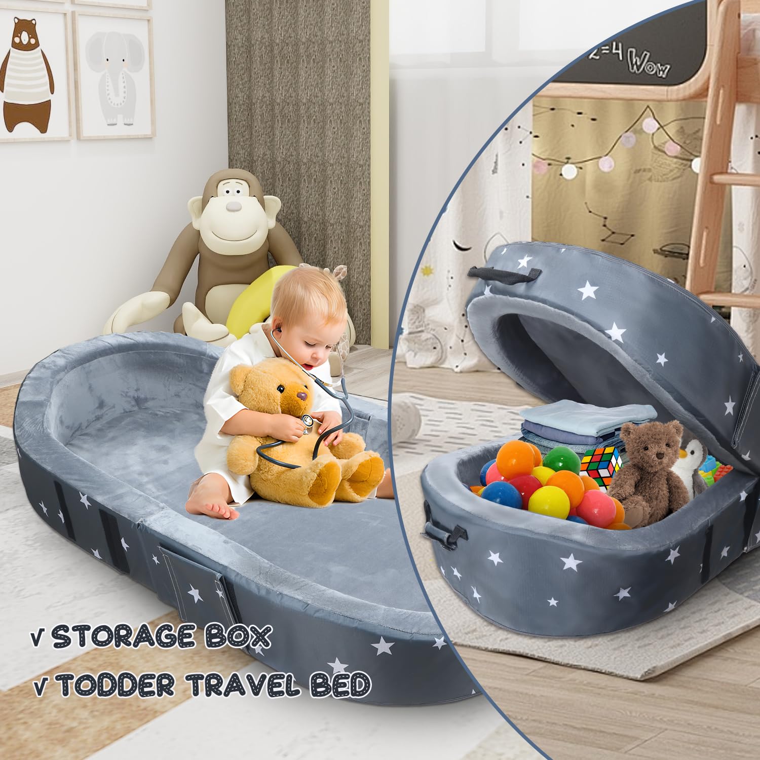 Portable Foldable Toddler Travel Bed with Storage
