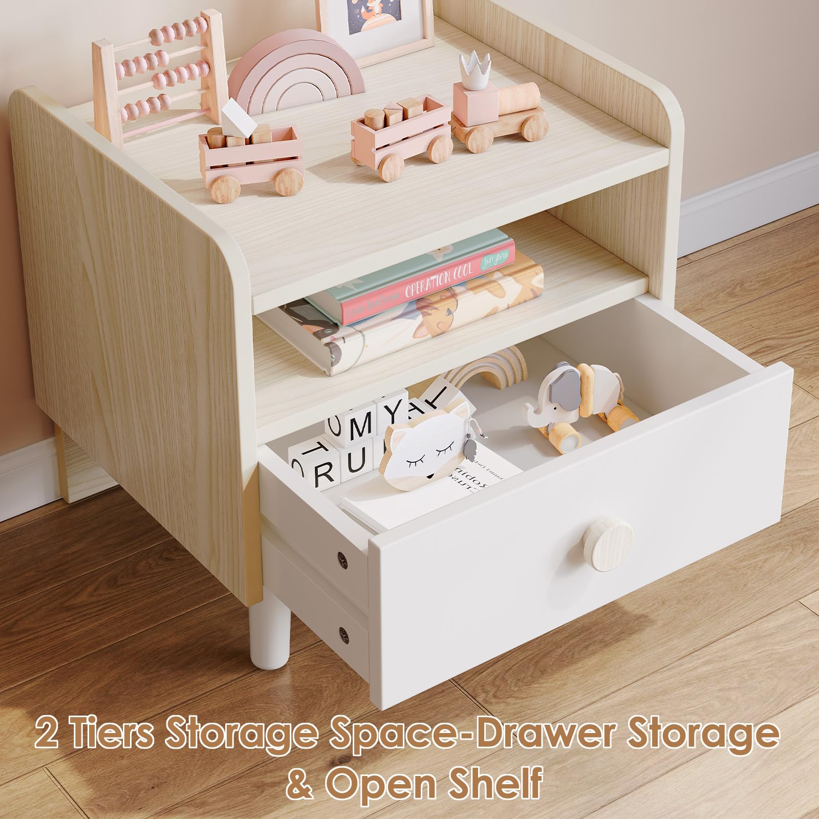 Kids Wooden Nightstand with Drawer and Open Shelf