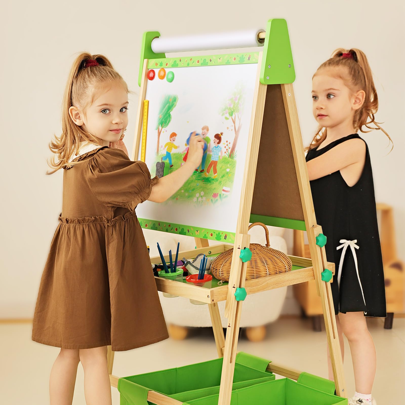 Art Easel for Kids Ages 2-4 4-8, Toddler Easel with 3 Paper Roll, Magnetic Whiteboard and Chalkboard, Adjustable Wooden Art Kids Easel for Toddlers 2,3,4,5,6,7,8,9,10 Years Old Boys & Girls, Green