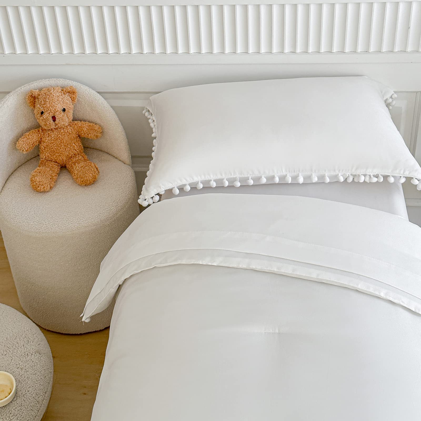 Toddler Bedding Set 4 Piece Boho Pom Pom Fringe White