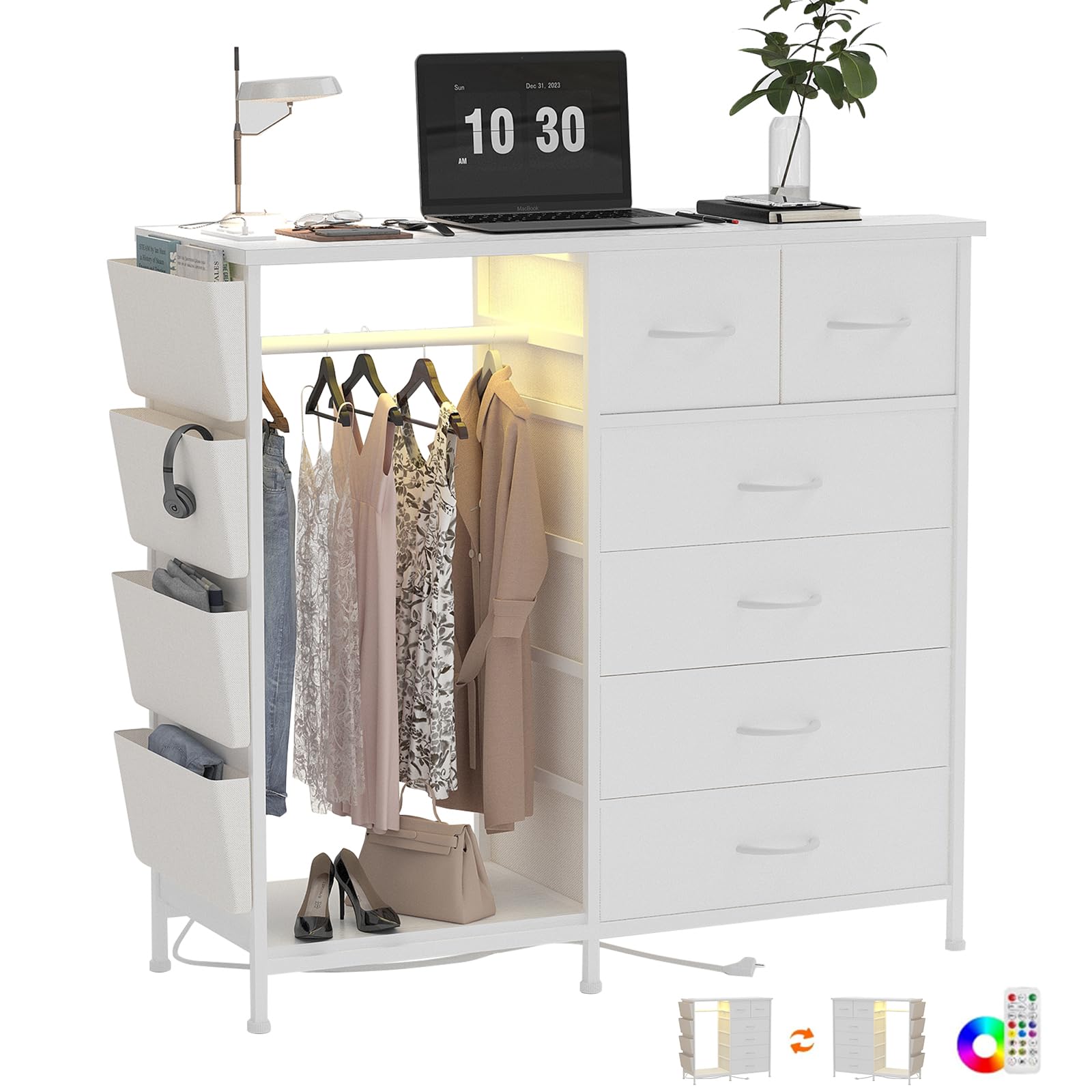 6 Drawer Dresser for Bedroom with Clothes Rack