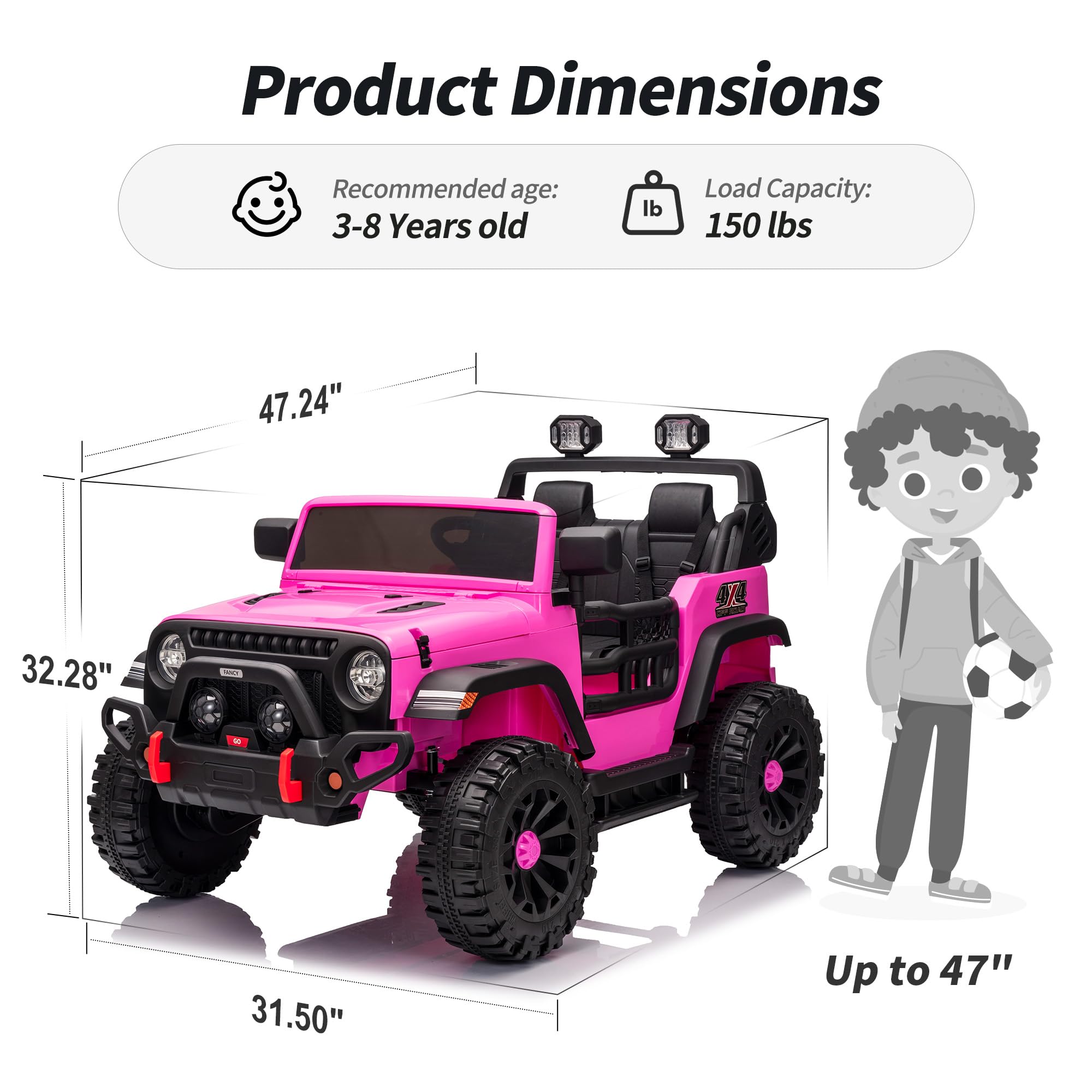2 Seater Ride on Toy Car for Kids, 24V 4x4 Ride-on Truck Kids Electric Car w/Remote Control, 4x200W Motors - Hot Pink