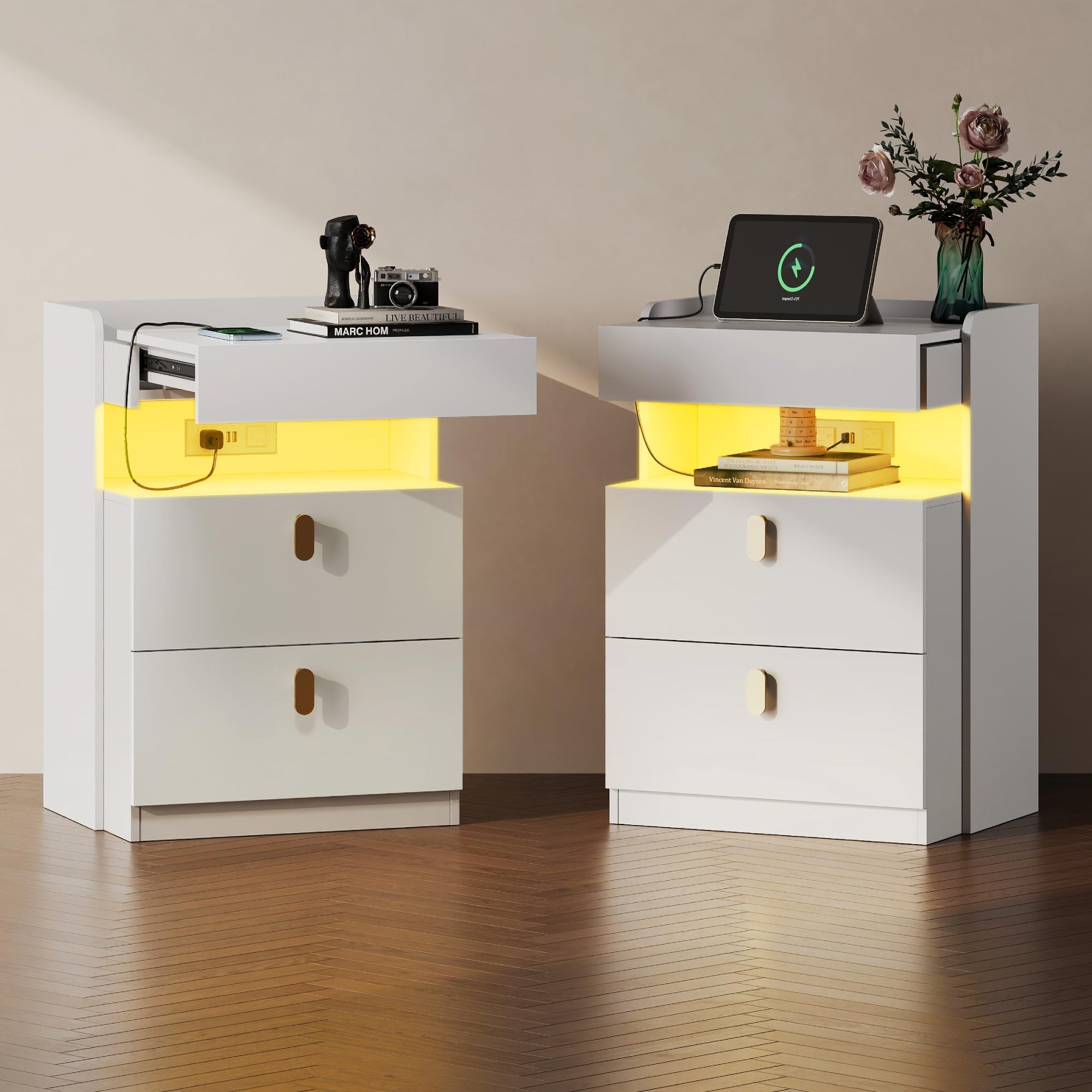 LED Nightstand with Charging Station and Drawers