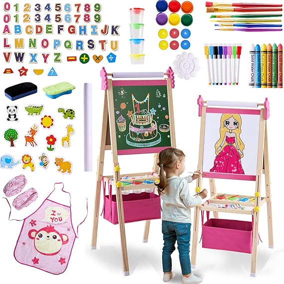 Art Easel for Kids - Adjustable Wooden Double-Sided Magnetic Whiteboard and Chalk