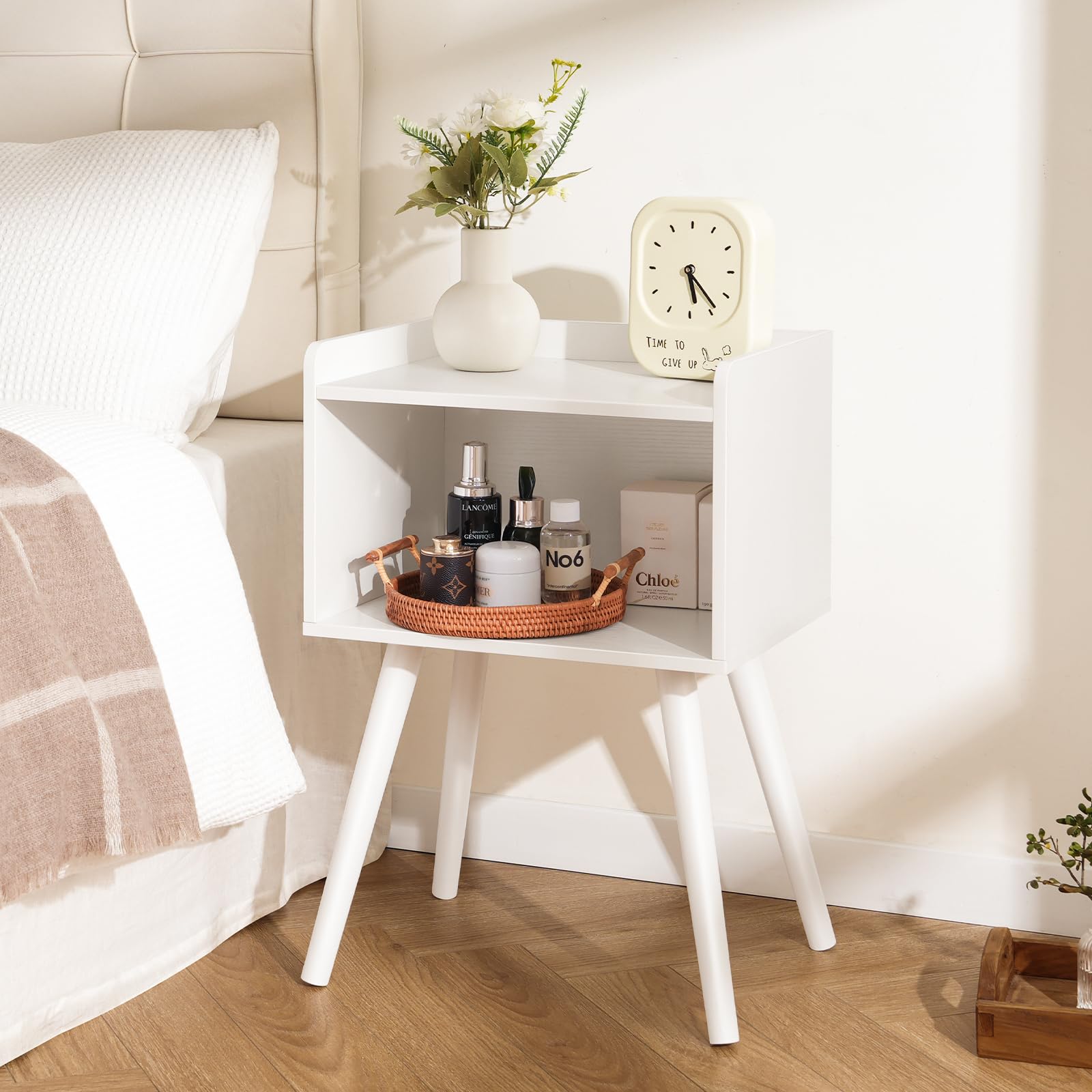 Mid Century Modern Nightstand Small Side Table with Storage Shelf