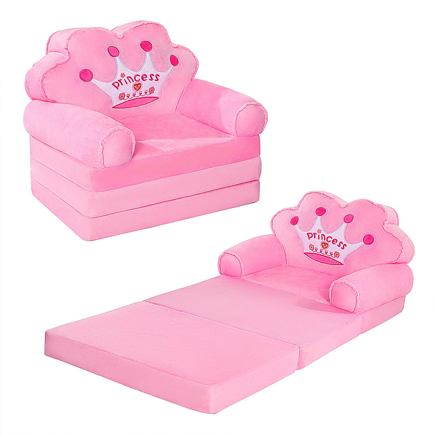 Kids Couch Fold Out, Foldable Princess Chair for Toddlers 1-3