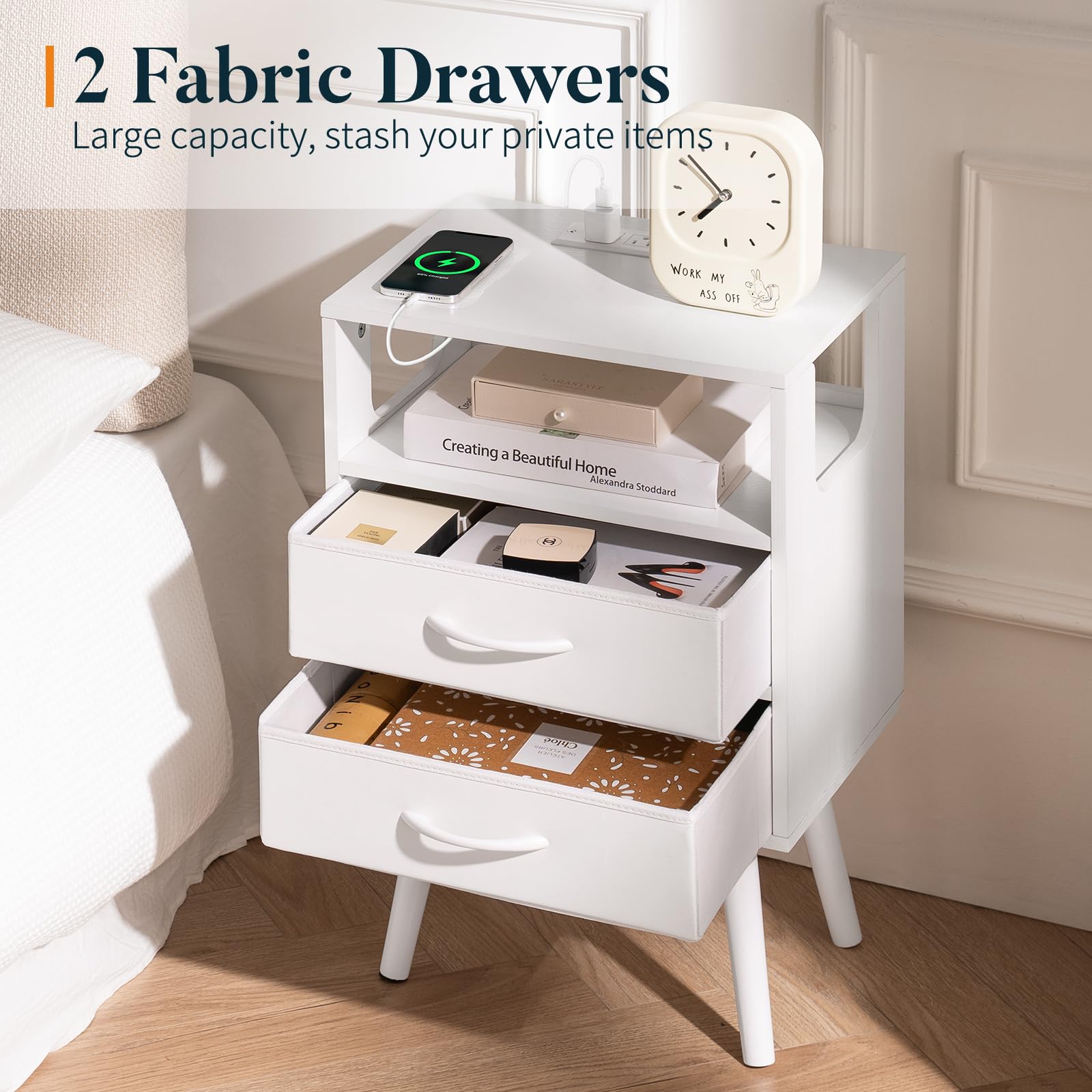 LED Nightstand with Charging Station and Fabric Drawers