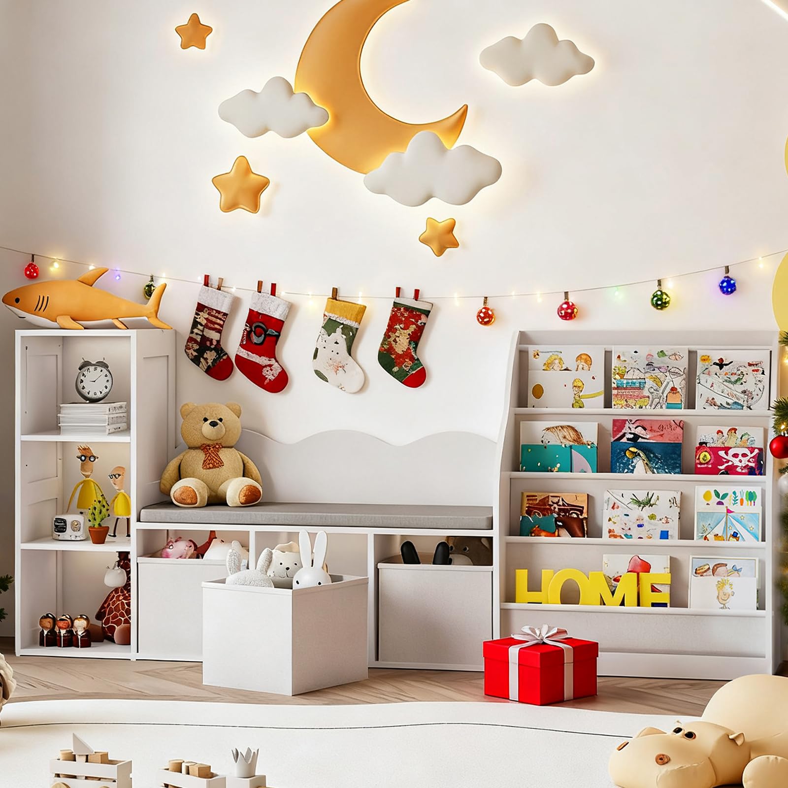 Kids Bookshelf with Reading Nook and Cushioned Seat