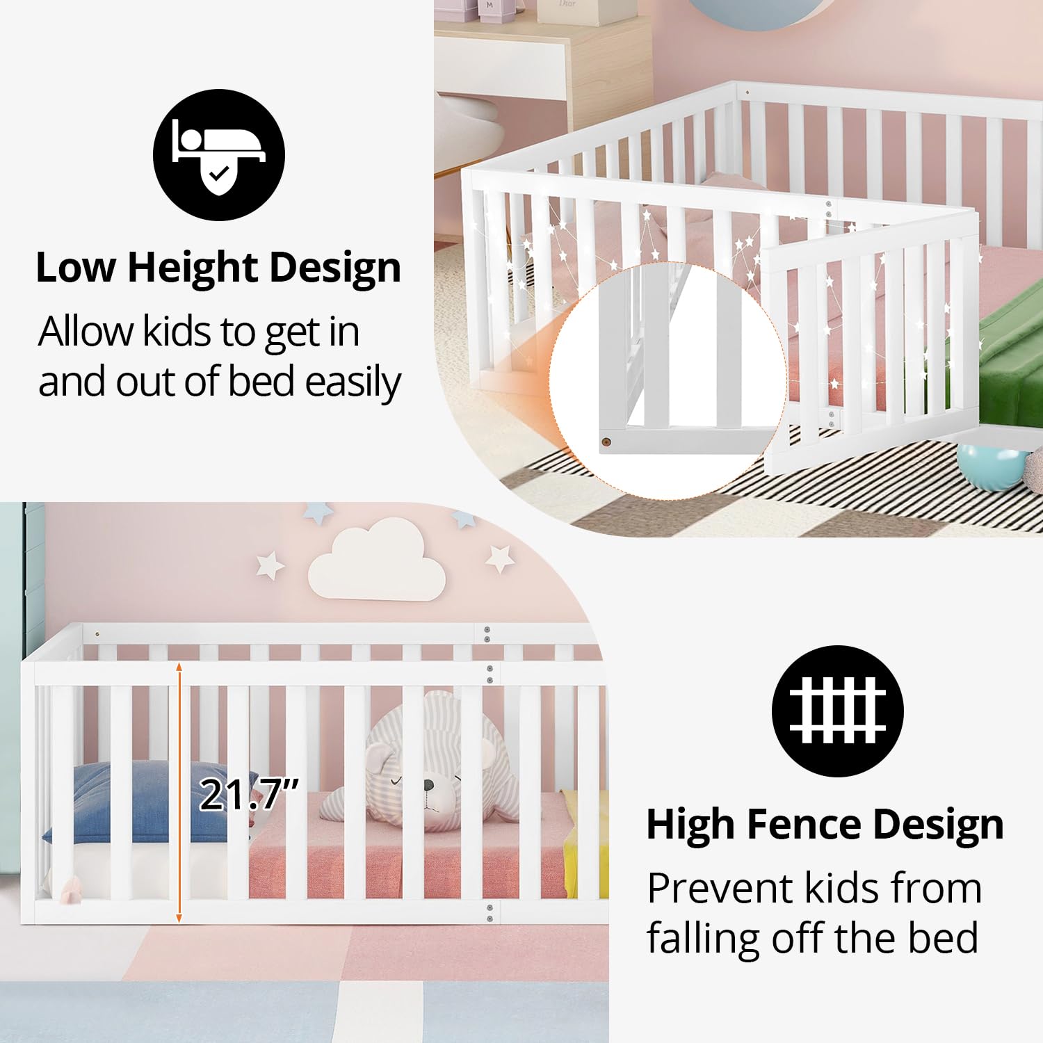 Full Floor Bed for Kids with Safety Guardrails and Door