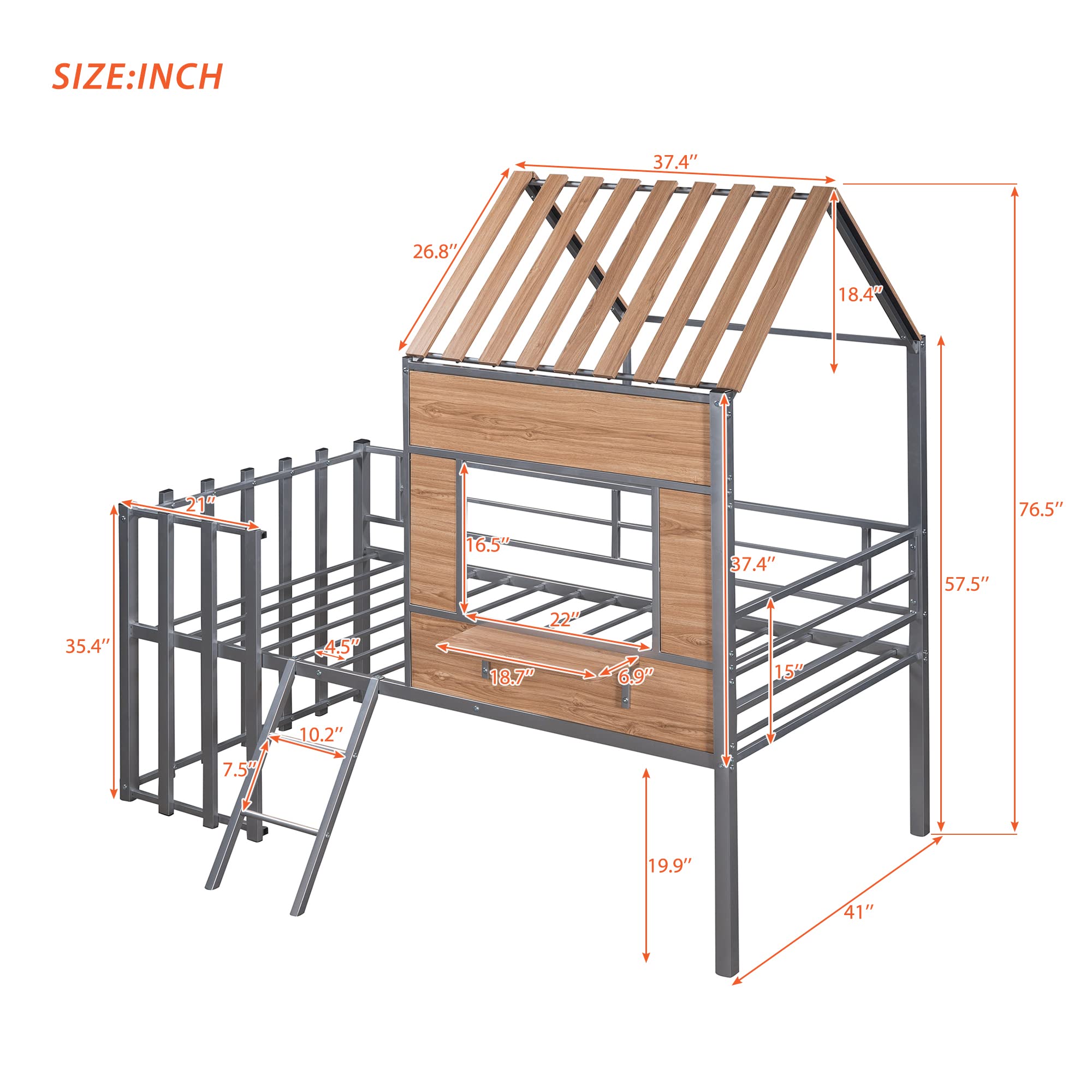Metal House Loft Bed Twin Size with Guardrail and Ladder