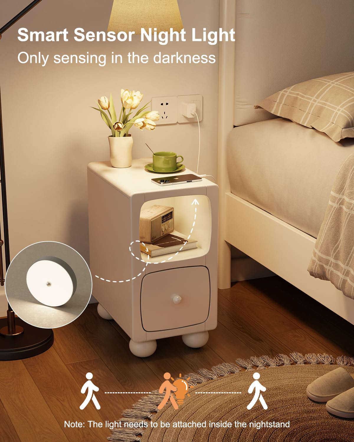 Solid Wood Nightstand with Drawer and USB Night Light