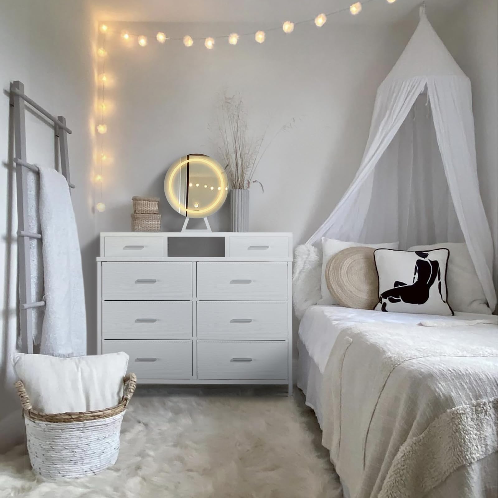 6 Drawer Fabric Dresser with Lighted Mirror and Charging Station