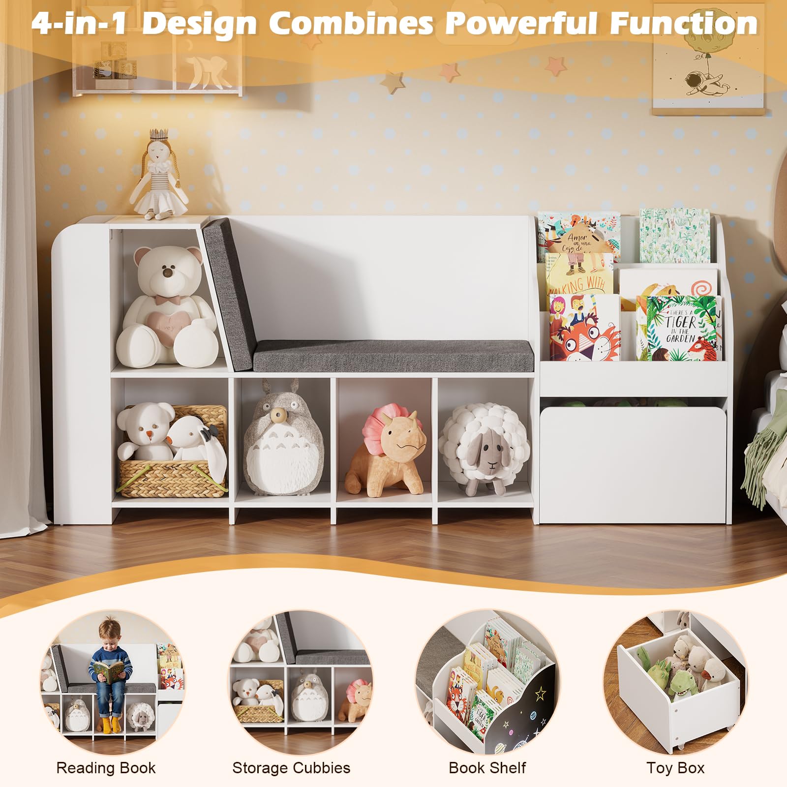 Kids Reading Nook with Storage Bench and Chalkboard