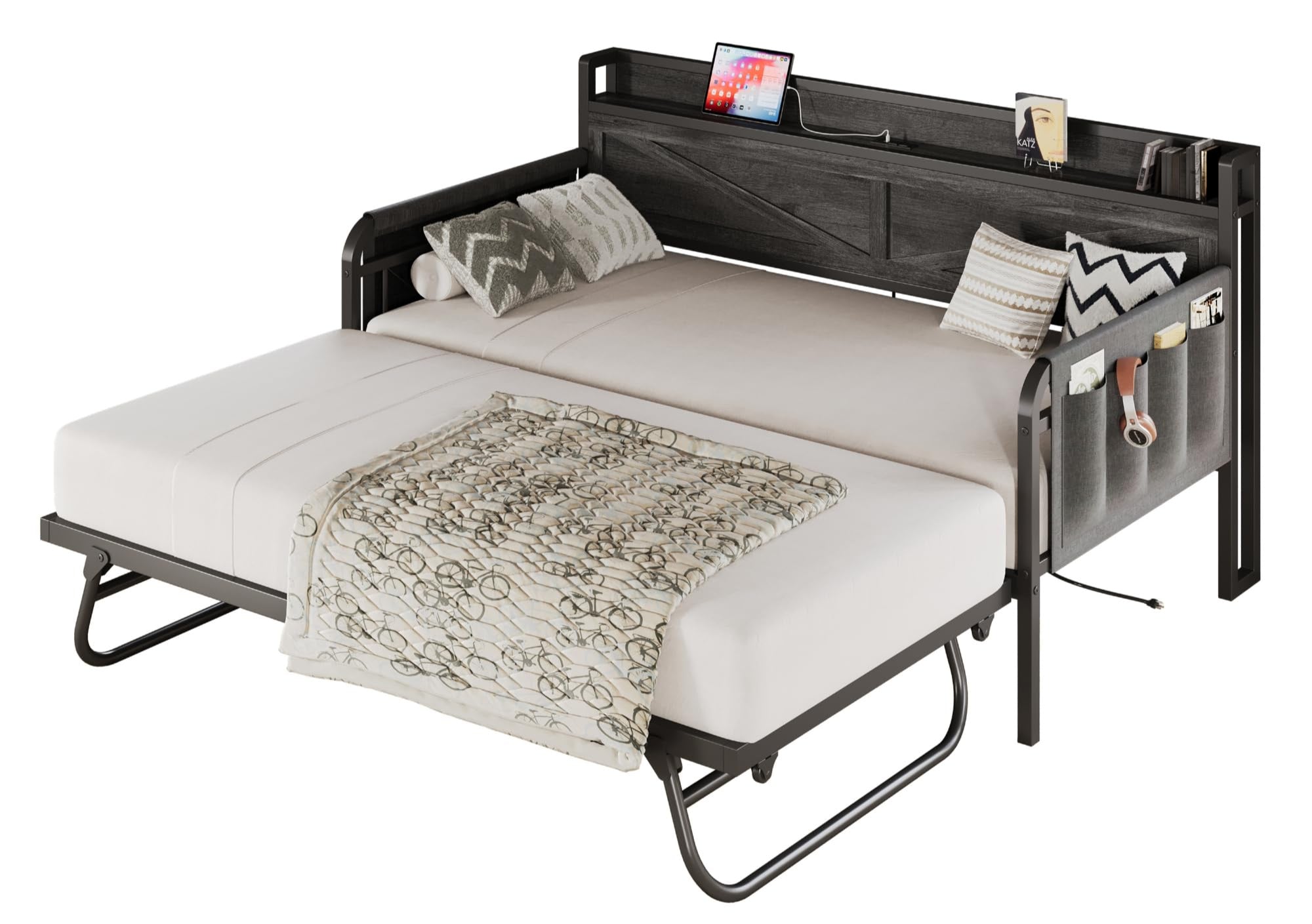 Twin Daybed with Trundle Bed, Storage Headboard