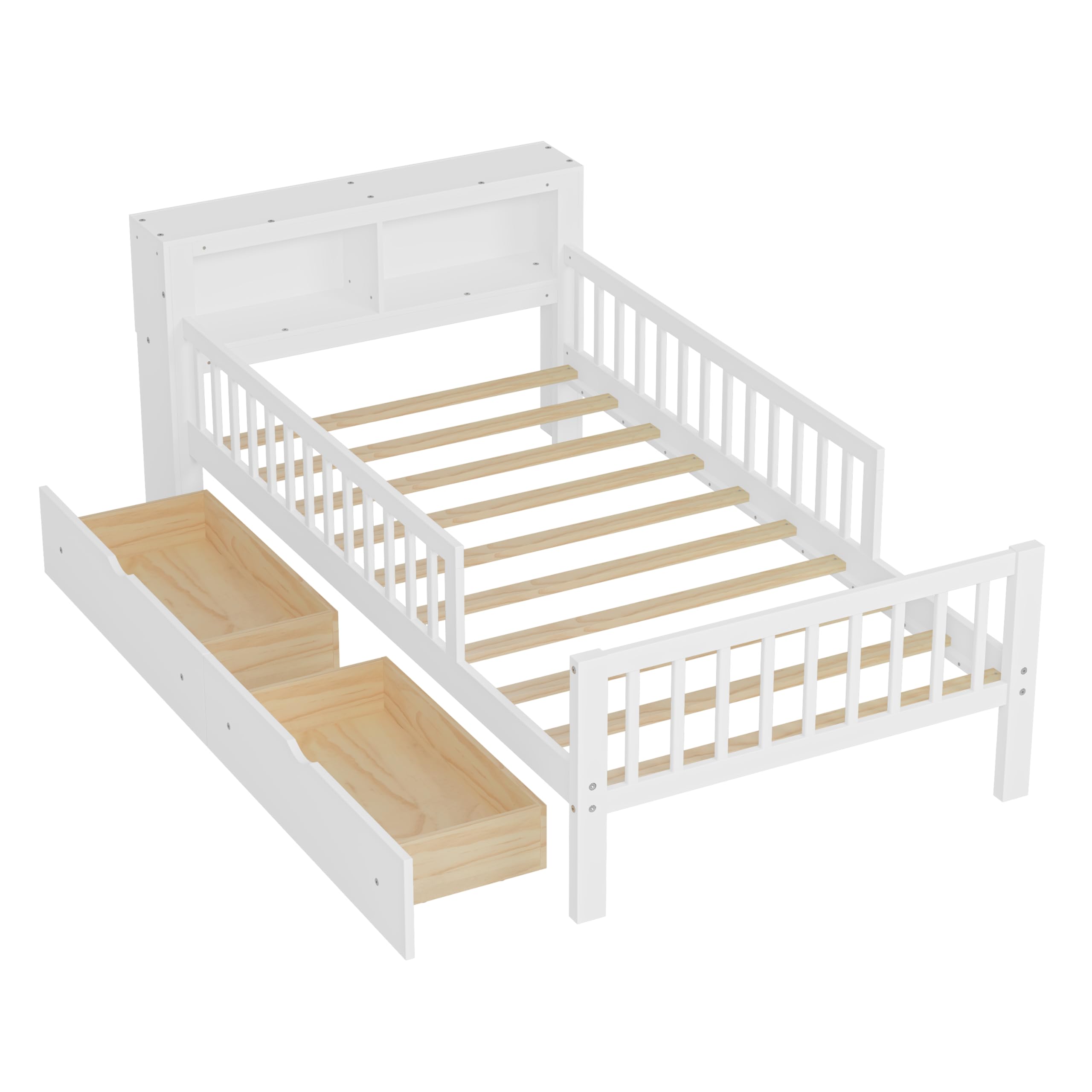 Kids Twin Bed Frame with Storage Headboard, Wooden Platform Bed