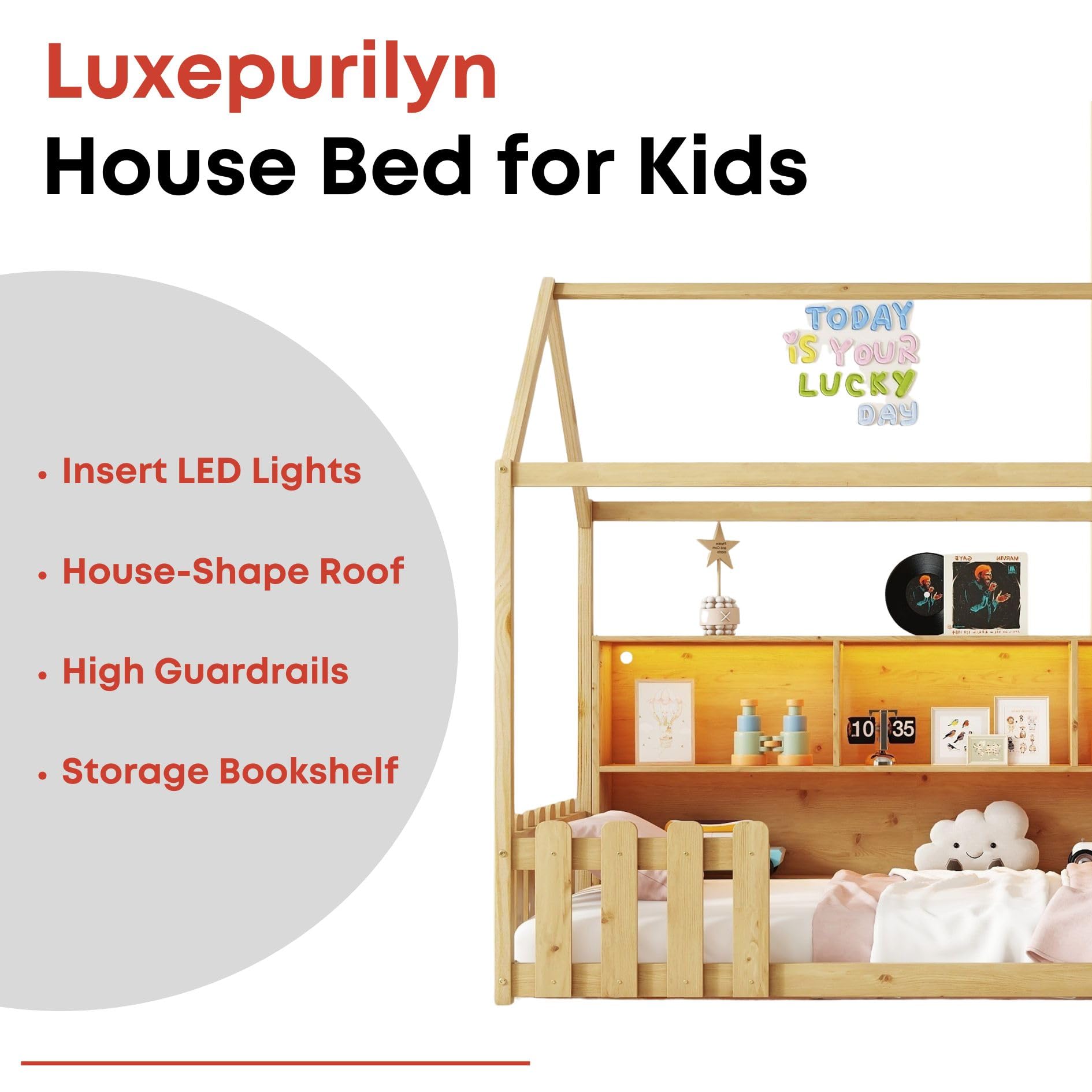 Twin House Bed with Storage and LED Light