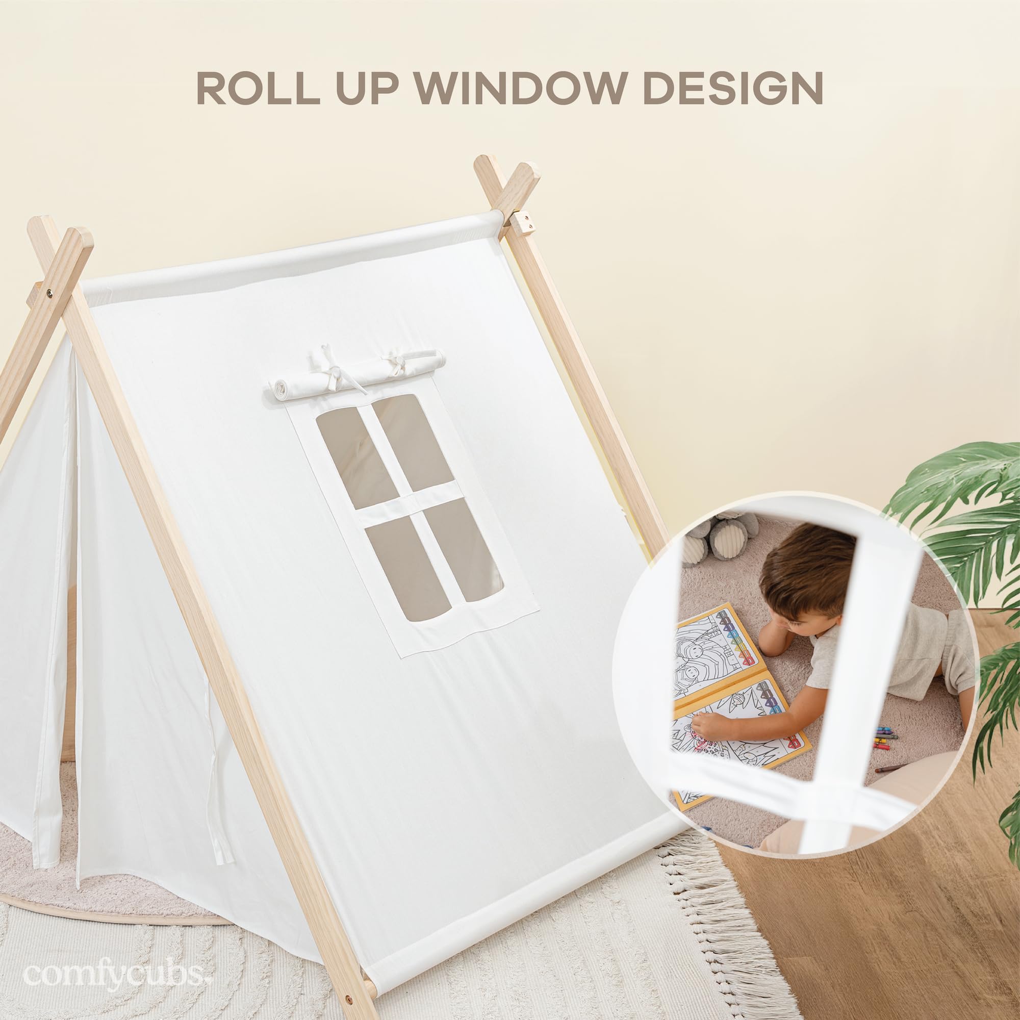 Kids Cotton Teepee Play Tent Natural Wood