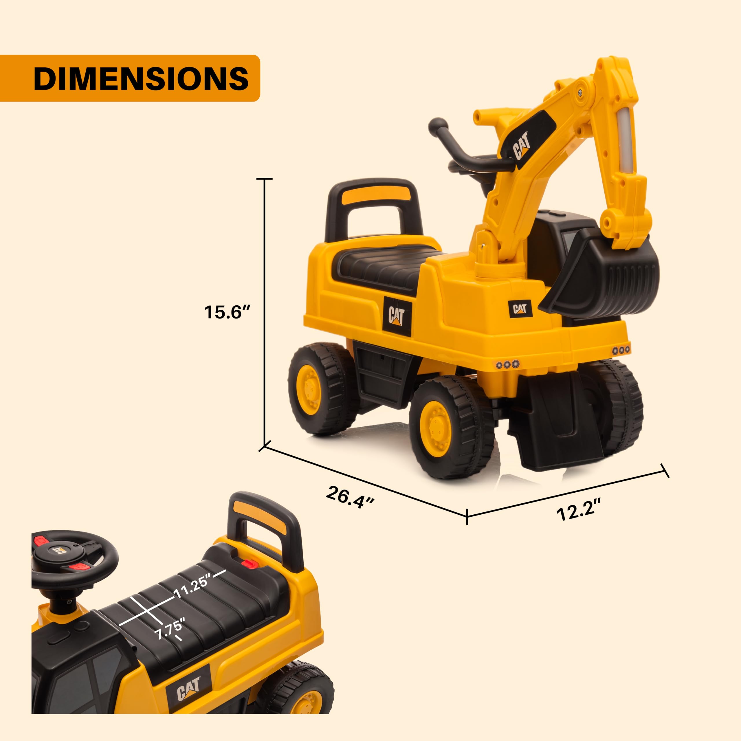 CAT Excavator Push Car for Toddlers with Rotating Bucket