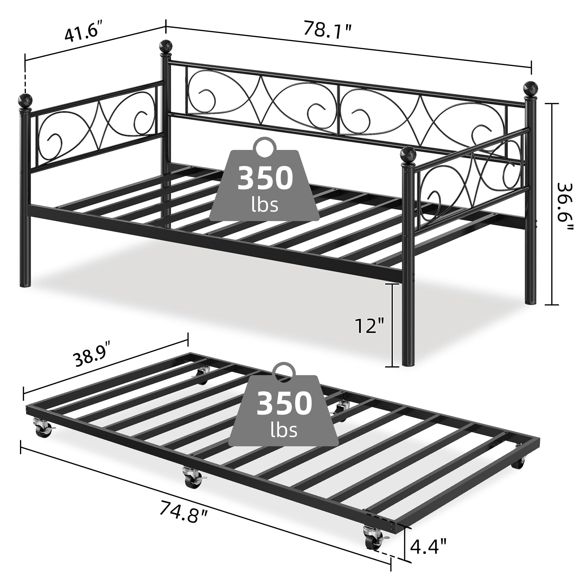 Twin Daybed with Trundle and Floral Metal Headboard